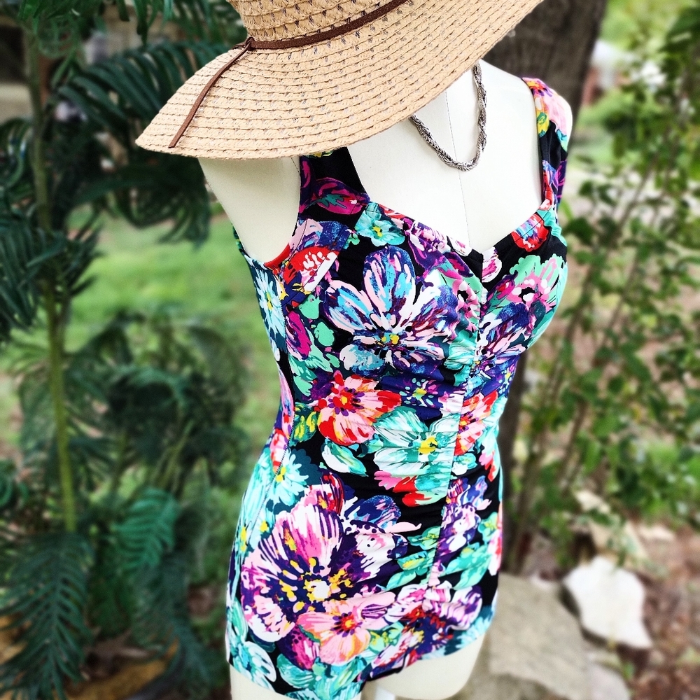 MARIE REID VINTAGE SZ 8 T PINUP GIRL STYLE FLORAL RUCHED ONE PIECE LN
